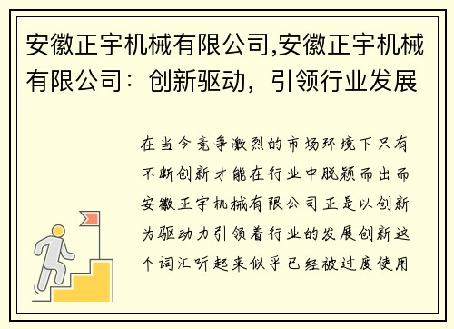 安徽正宇机械有限公司,安徽正宇机械有限公司：创新驱动，引领行业发展